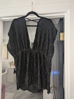 Black  Swim Suit Cover Up With Gold Pinstripe.